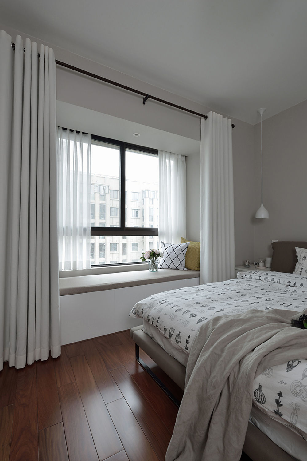 二居室装修,北欧风格,5-10万装修,80平米装修,白色,卧室,窗帘