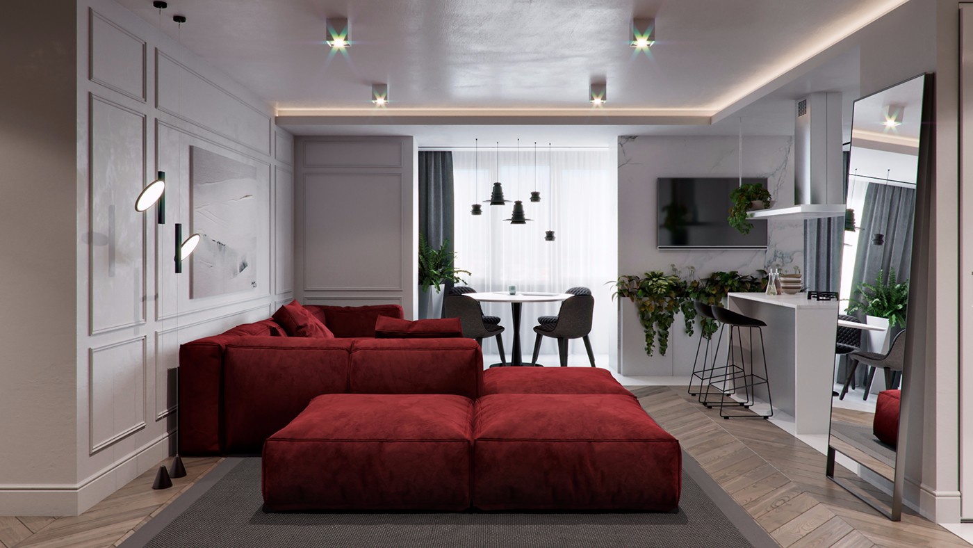 公寓装修,100平米装修,10-15万装修,现代简约风格,沙发,红色,白色