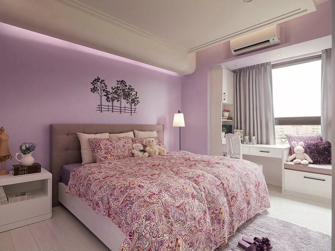 5-10万装修,三居室装修,北欧风格,80平米装修,卧室背景墙,紫色