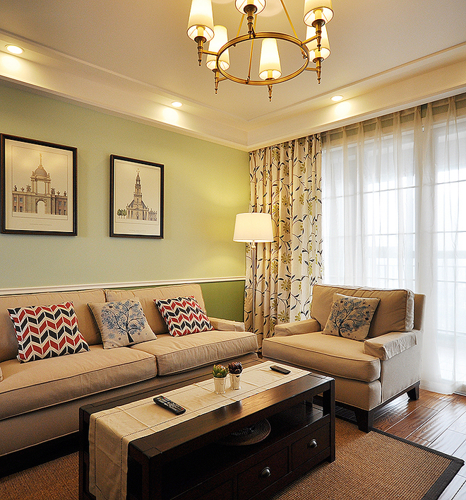 三居室装修,美式风格,120平米装修,10-15万装修,沙发,沙发背景墙,绿色