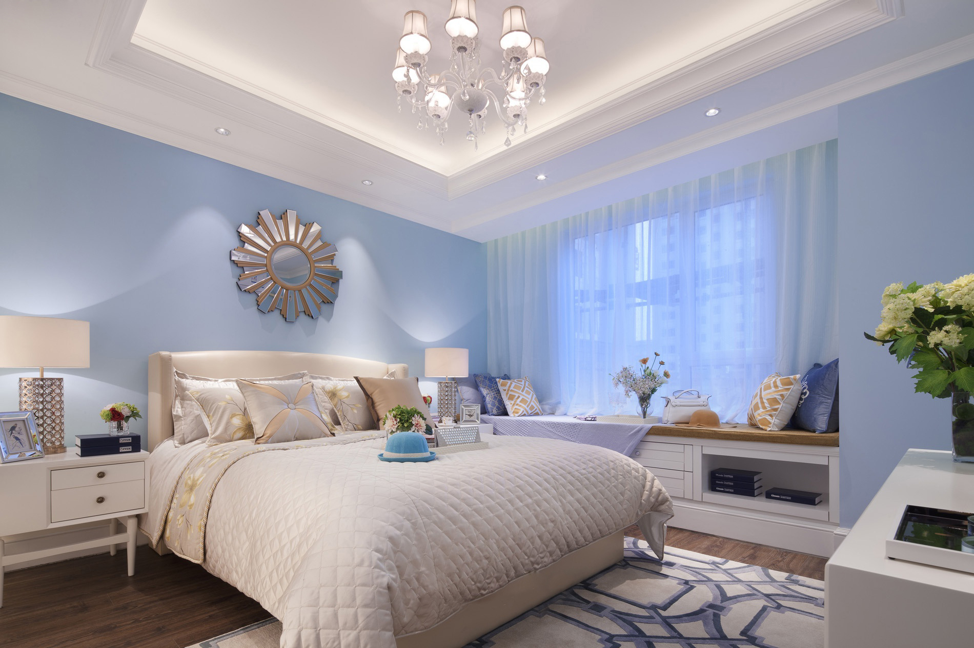 蓝色调美式风格卧室装修效果图