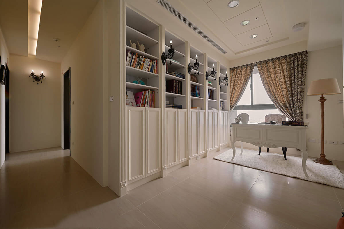 三居室装修,15-20万装修,130平米装修,新古典风格,白色,书柜