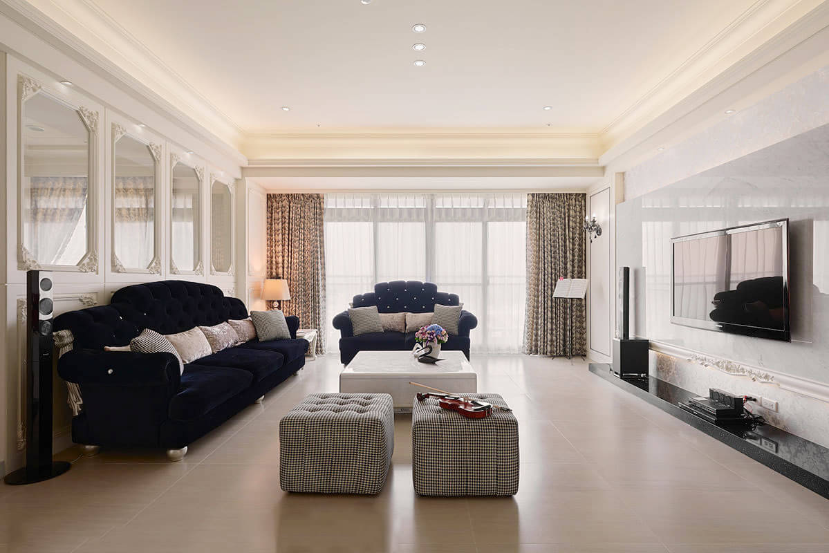 三居室装修,15-20万装修,130平米装修,新古典风格,沙发背景墙,电视背景墙,白色