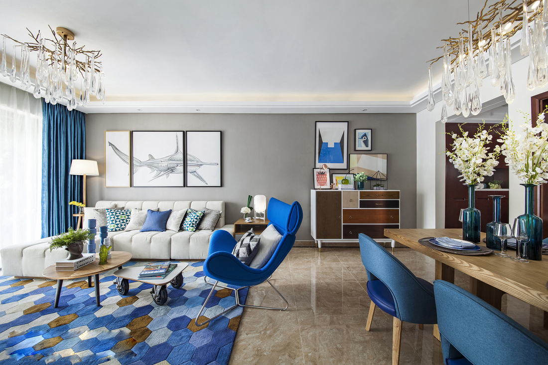 二居室装修,80平米装修,5-10万装修,现代简约风格,地毯,沙发背景墙,蓝色