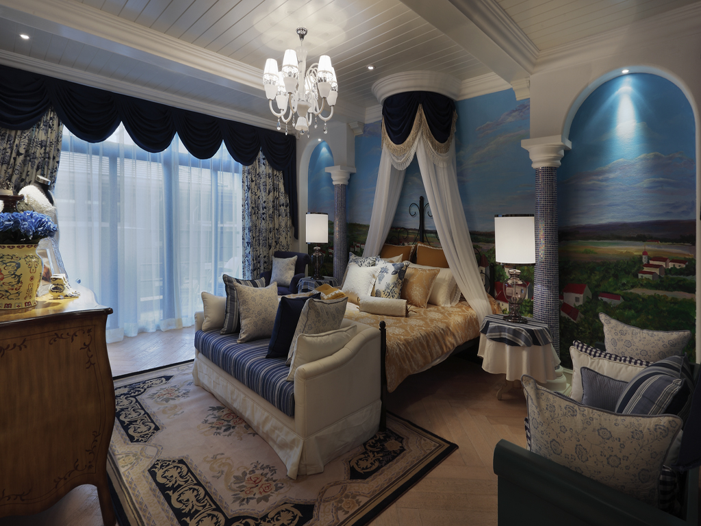 别墅装修,140平米以上装修,地中海风格,20万以上装修,卧室背景墙,蓝色
