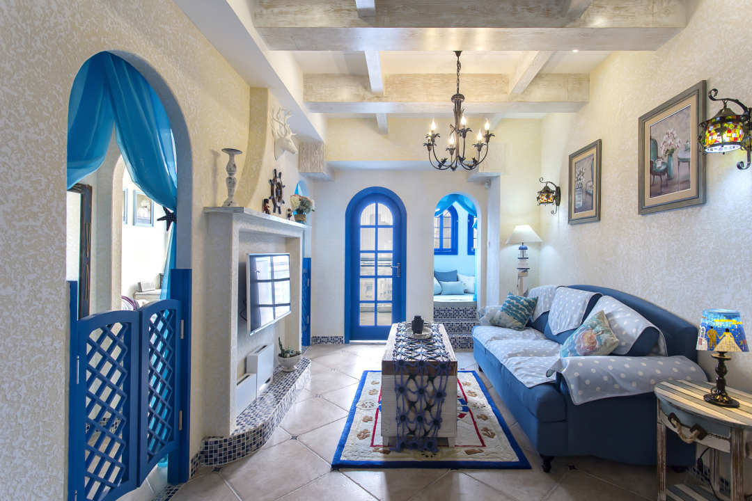 二居室装修,60平米装修,地中海风格,10-15万装修,沙发,蓝色