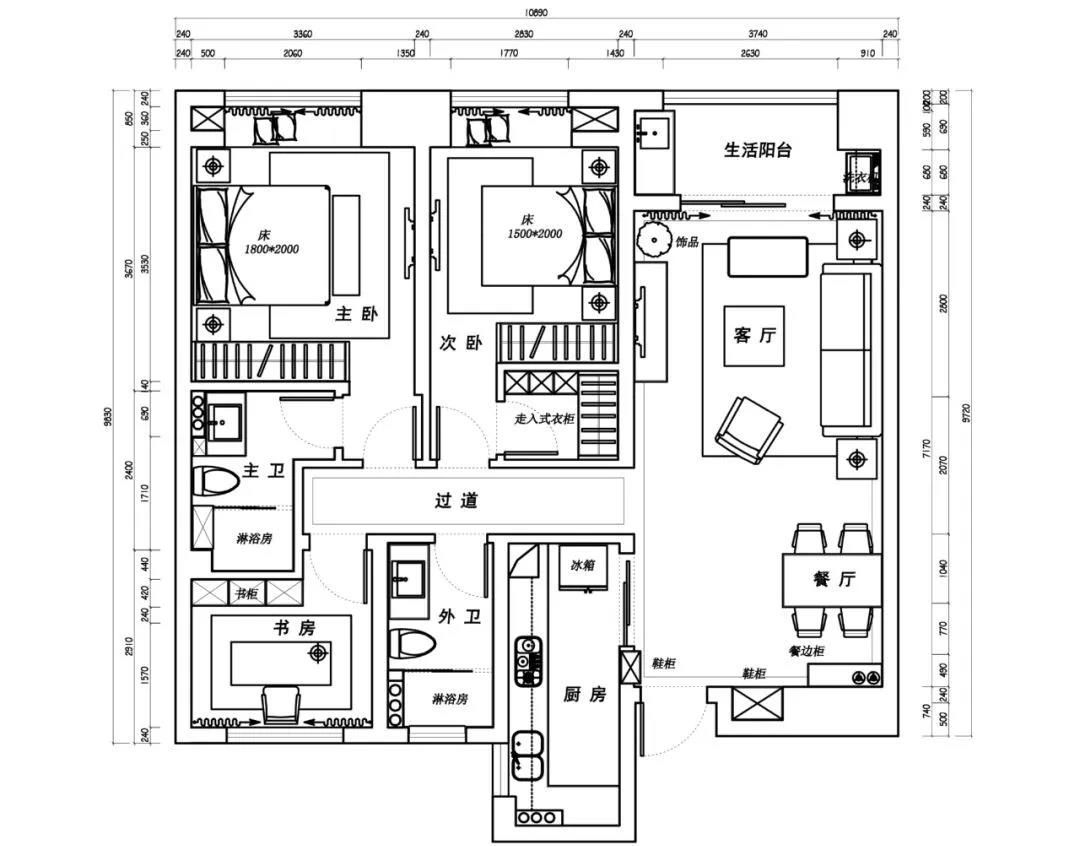 5万95平米美式三房装修效果图,三居室,美成画廊图