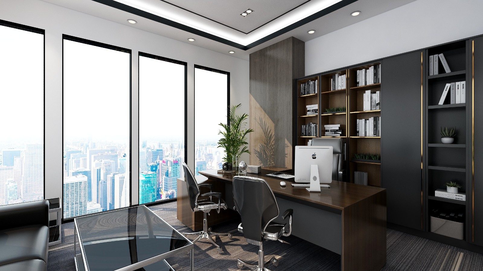 现代简约办公室装修,用大落地窗运用光线,营造出明亮的效果.