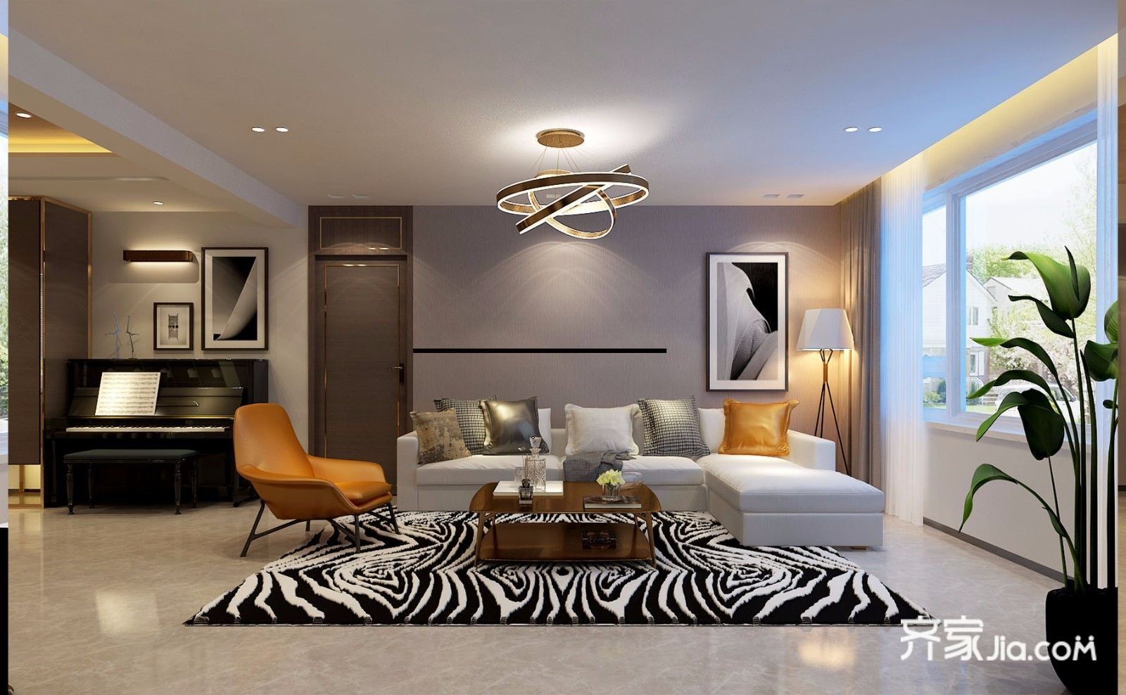 沙发背景与卧室门的结合中,衬托简单的黑色玻璃条形的设计中,也拓展出