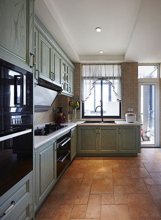 美式风格简洁绿色厨房橱柜效果图