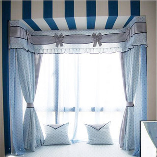 蓝色卧室窗帘飘窗窗帘效果图