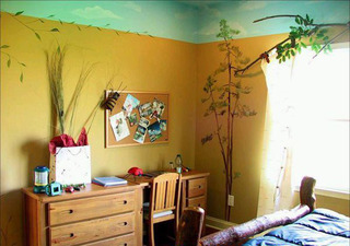 黄色卧室背景墙手绘墙效果图