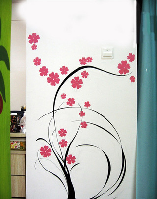 红色小花中式手绘墙效果图