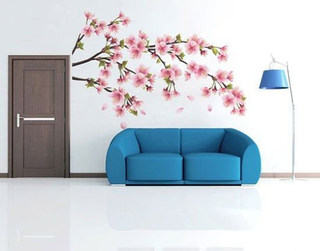 桃花枝沙发手绘墙效果图
