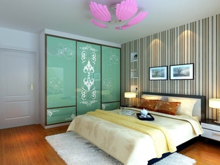 现代风格绿色玻璃门卧室衣柜效果图