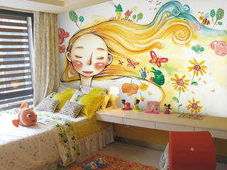 小清新手绘卧室背景墙图片