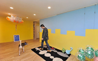 黄色蓝色撞色客厅沙发背景墙图片
