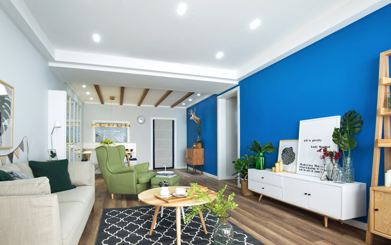 装修效果图 家居美图 北欧风格三室两厅客厅蓝色背景墙图片