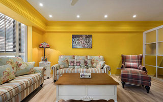 130平米田园黄色客厅背景墙装修