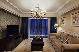 精致美式客厅蓝色窗帘效果图