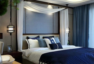 蓝色地中海风情卧室 床头窗帘效果图