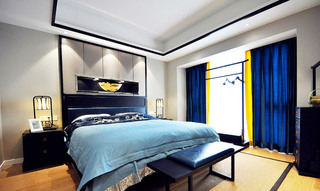 摩登新中式主卧室 蓝色窗帘设计