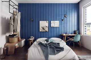 混搭风卧室 海蓝色背景墙设计