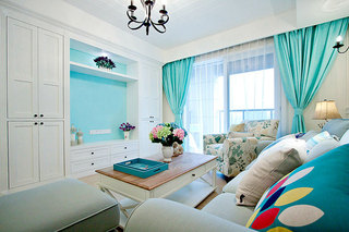 清爽美式客厅薄荷绿窗帘效果图