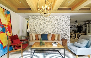 美式风格复式公寓装修石材沙发背景墙