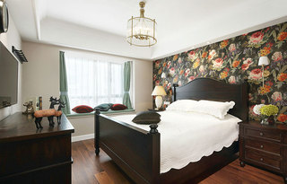 古典美式卧室 花色背景墙效果图