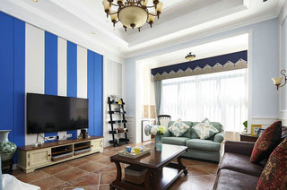 美式混搭客厅 蓝色竖条纹背景墙设计