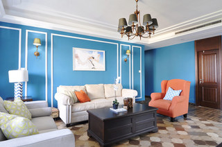 清爽美式客厅 蓝色背景墙设计