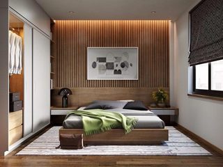 木色卧室条纹背景设计实景图