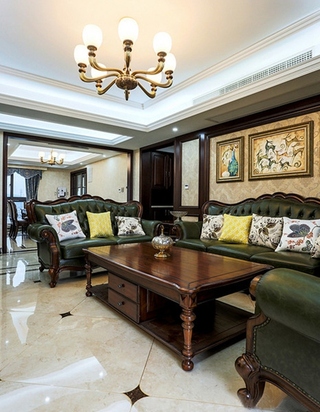 20万装古典风格三室两厅客厅真皮沙发图片