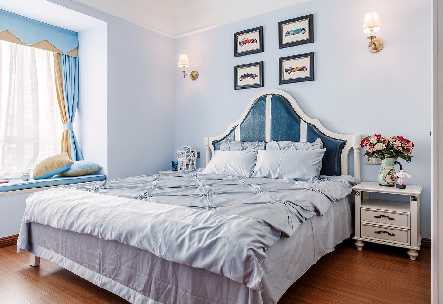 二居室装修,80平米装修,10-15万装修,卧室,美式风格,卧室背景墙,蓝色