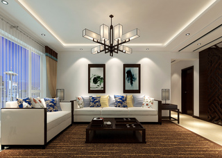120平新中式三居室沙发背景墙装修效果图