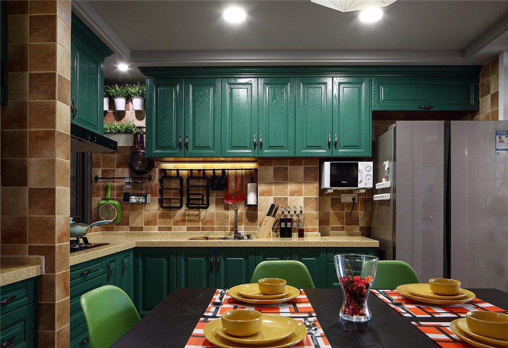 110平米装修,三居室装修,10-15万装修,厨房,美式风格,绿色,橱柜
