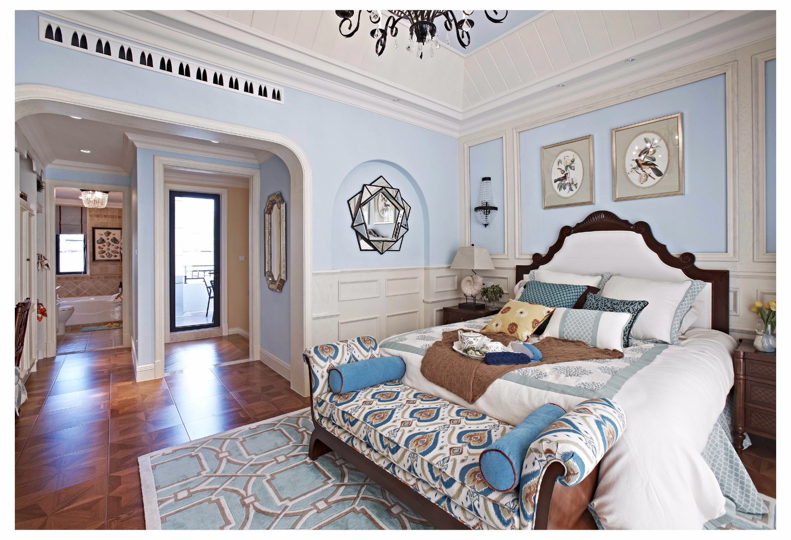 复式装修,140平米以上装修,20万以上装修,卧室,地中海风格,卧室背景墙,蓝色