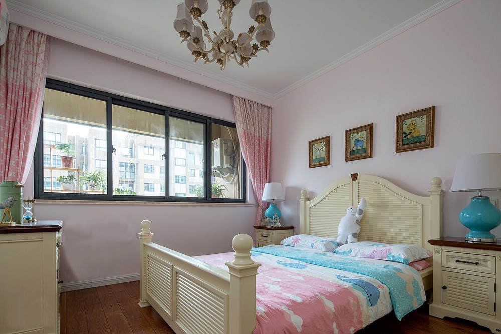 三居室装修,130平米装修,10-15万装修,卧室,美式风格,粉色