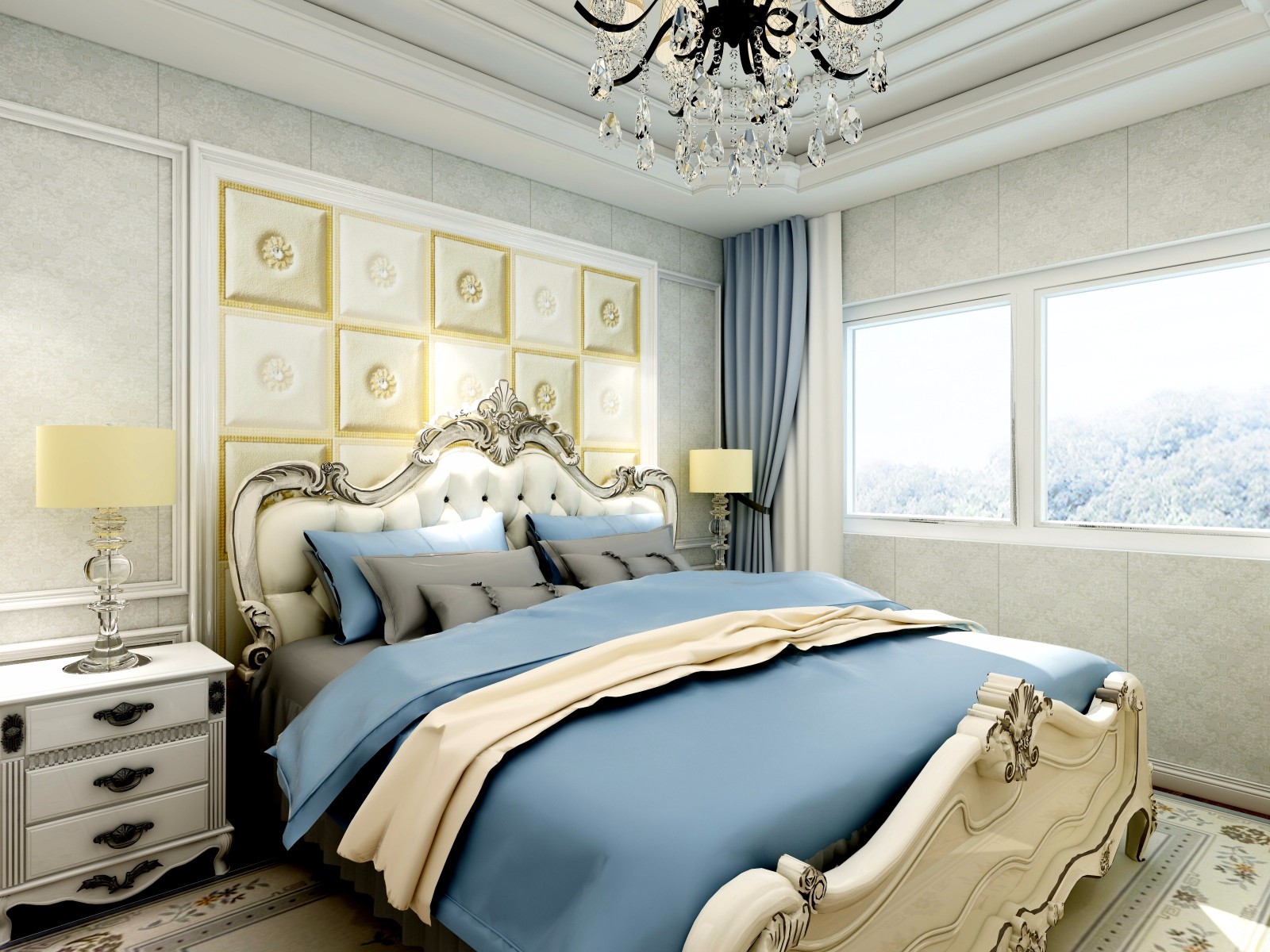 100平米装修,三居室装修,15-20万装修,卧室,欧式风格,床上用品