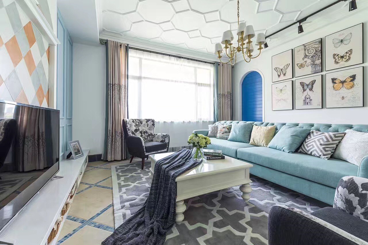三居室装修,15-20万装修,130平米装修,客厅,美式风格,沙发,蓝色
