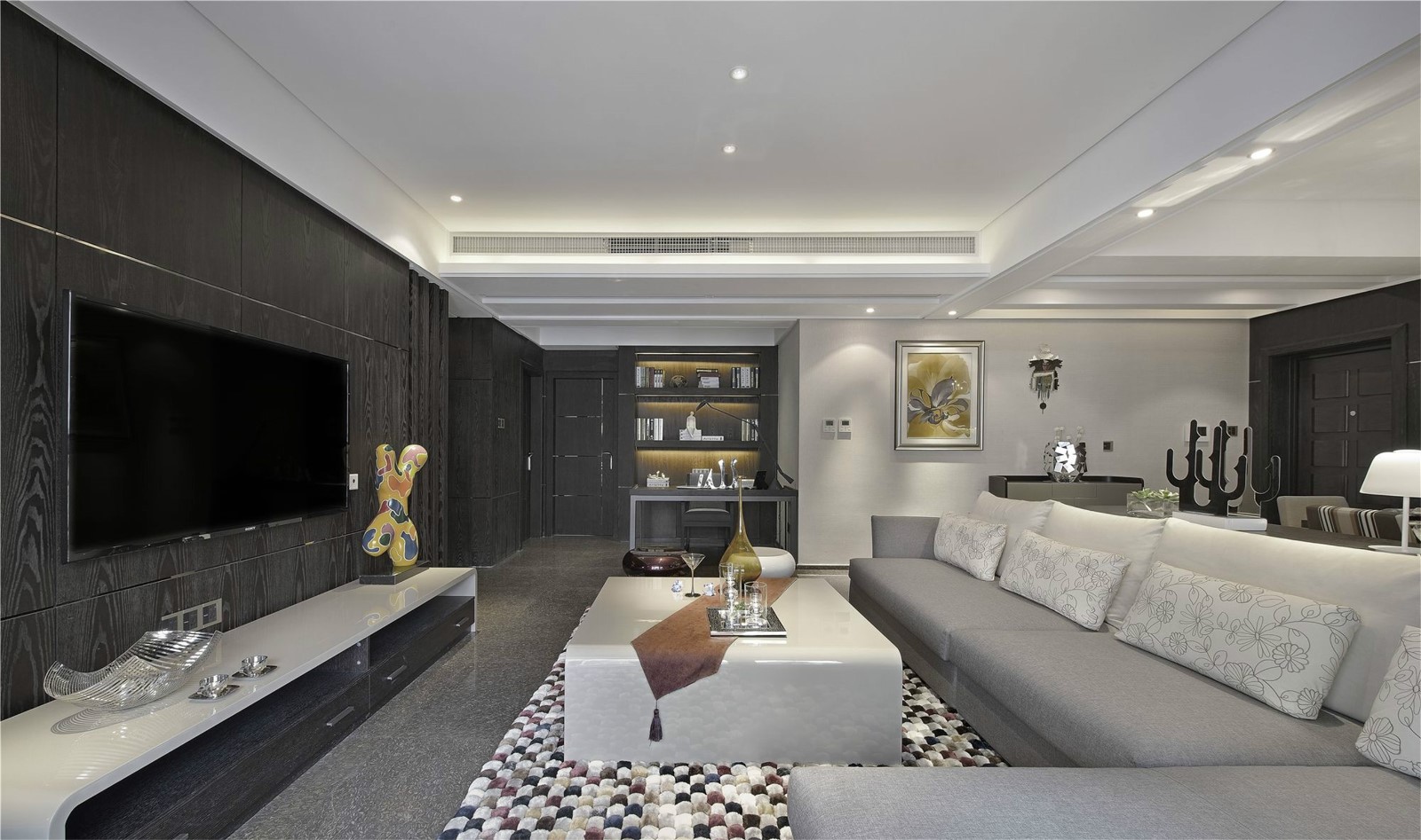 130平米装修,三居室装修,15-20万装修,客厅,现代简约风格,电视背景墙,沙发,黑色,灰色