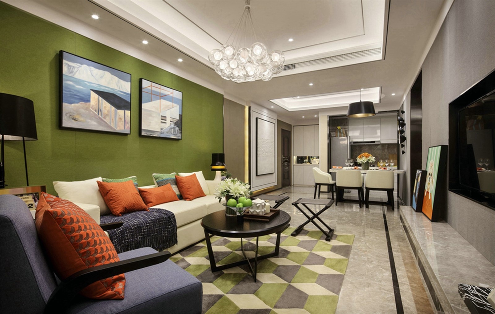 三居室装修,15-20万装修,110平米装修,客厅,现代简约风格,沙发背景墙,绿色