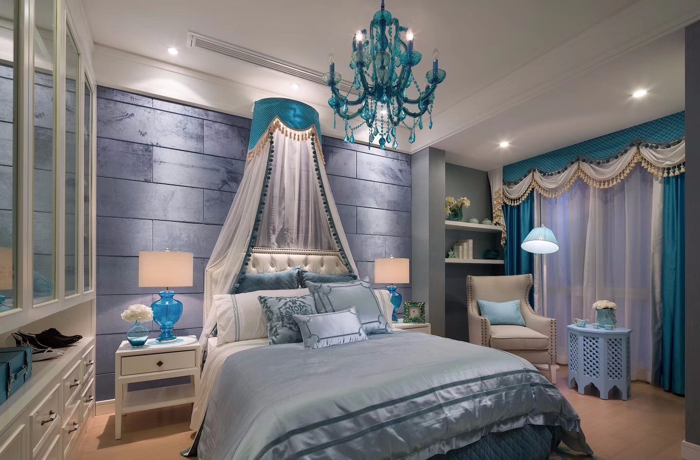 80平米装修,二居室装修,10-15万装修,卧室,地中海风格,卧室背景墙,蓝色