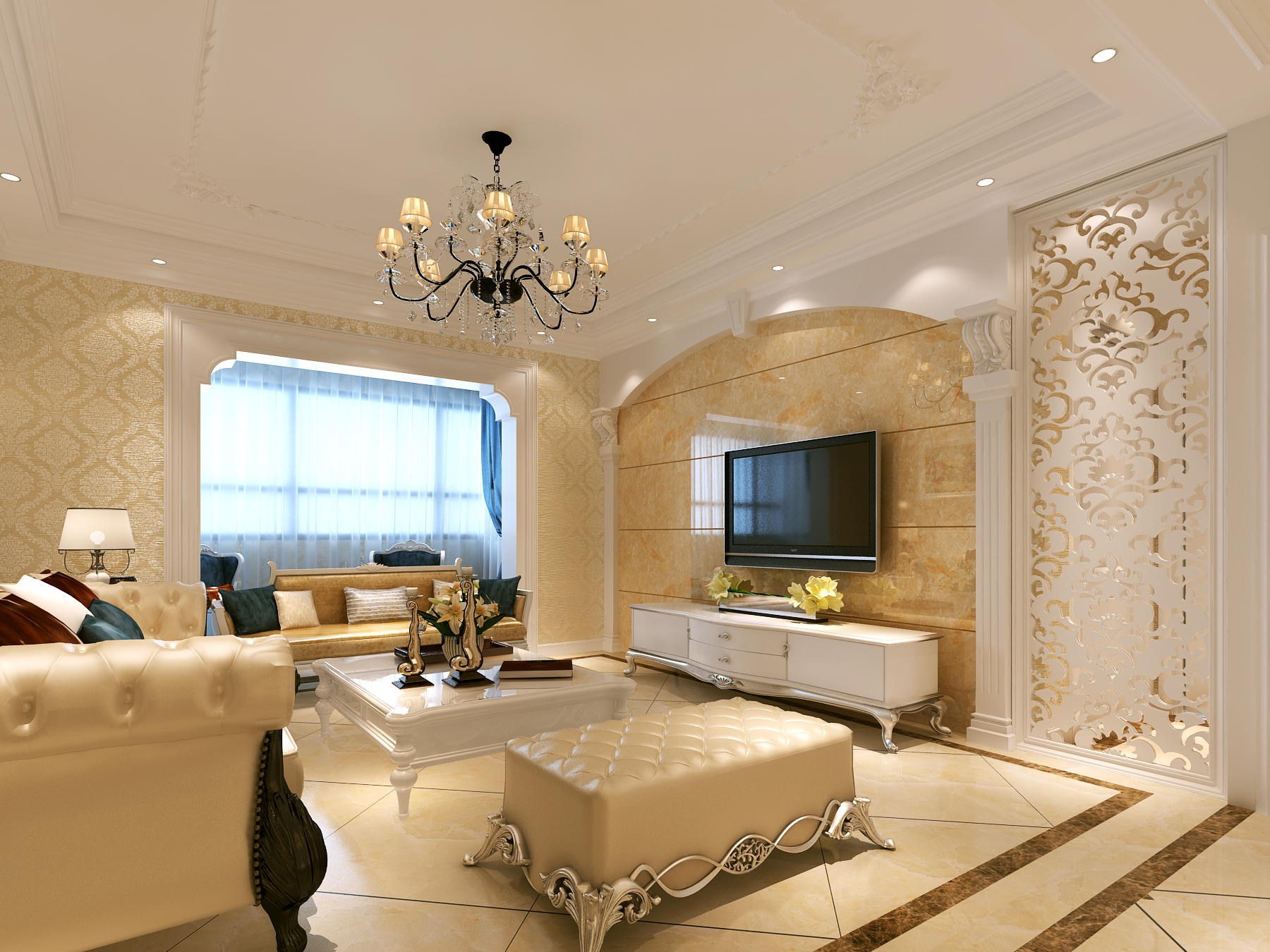 三居室装修,130平米装修,15-20万装修,欧式风格,电视背景墙,黄色