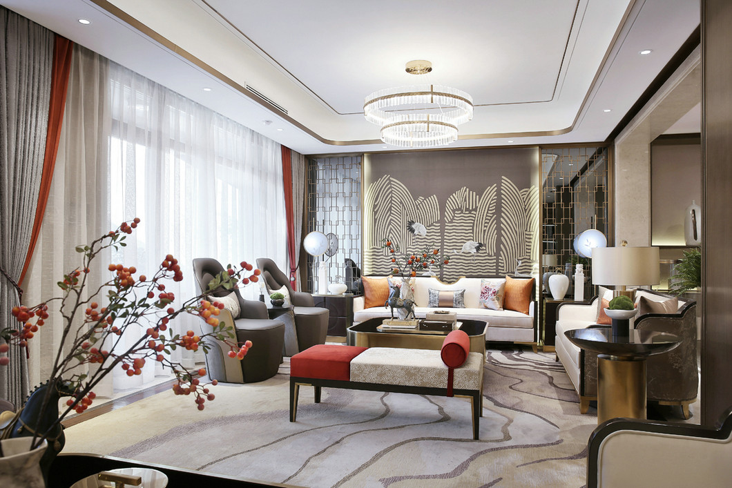 新中式轻奢别墅沙发背景墙装修效果图