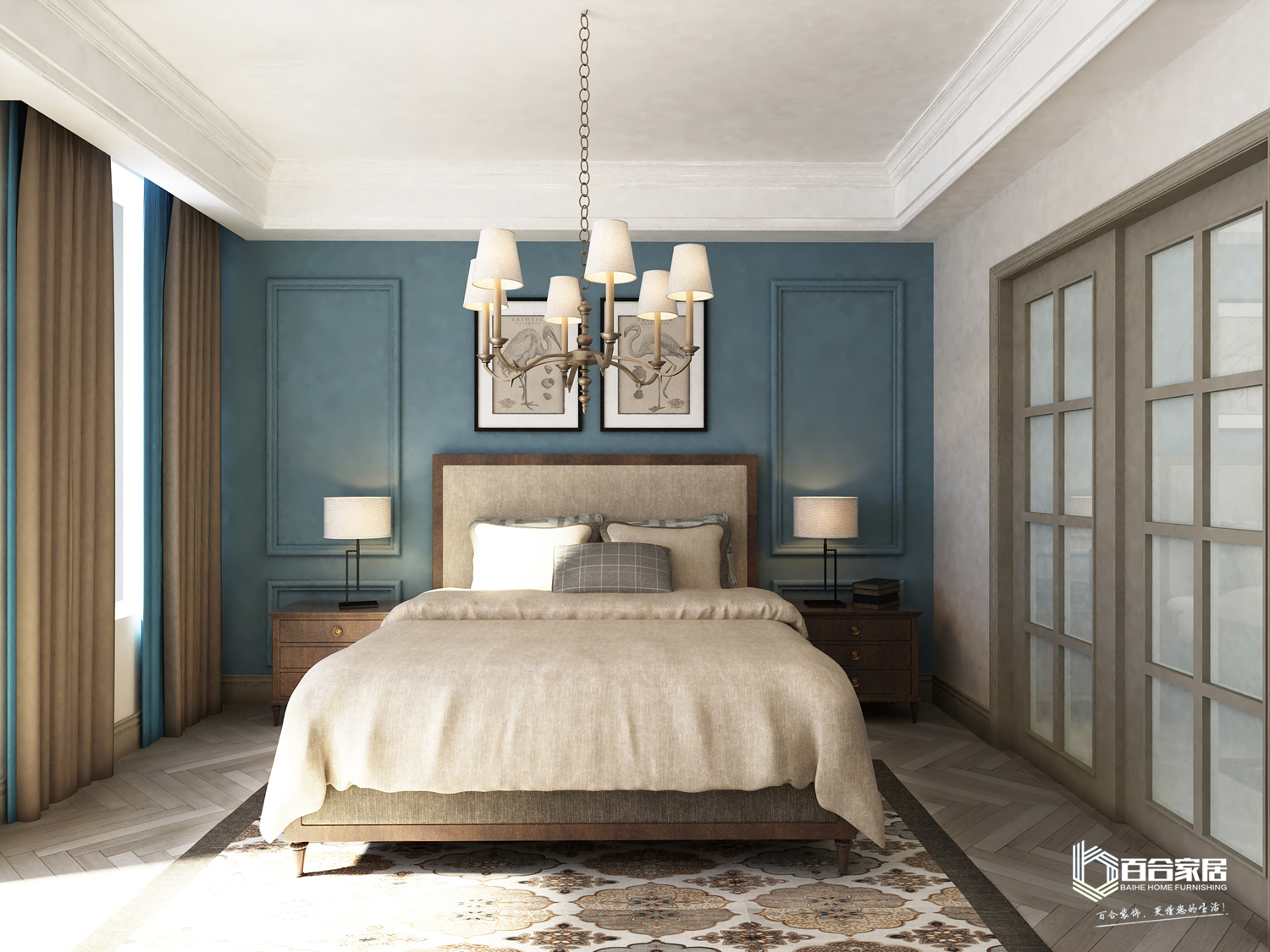 三居室装修,110平米装修,20万以上装修,美式风格,卧室,卧室背景墙,蓝色