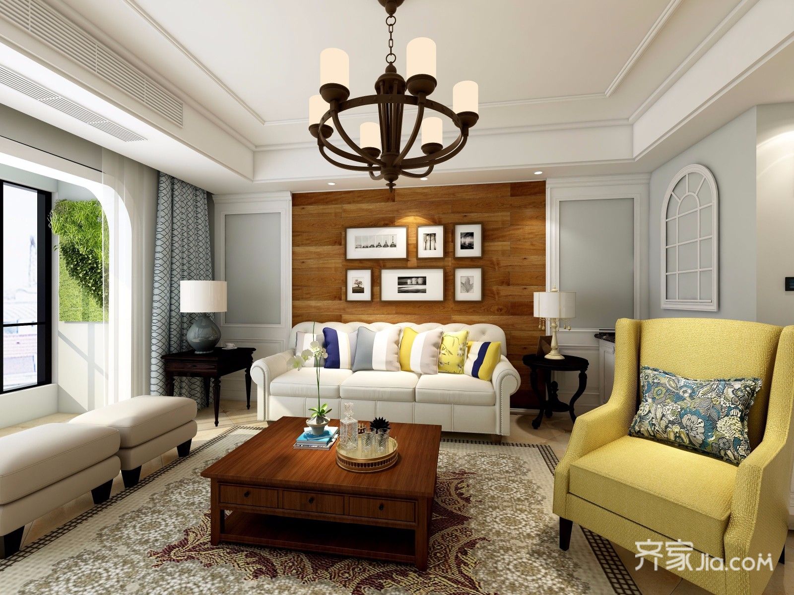 140平美式三居室沙发背景墙装修效果图