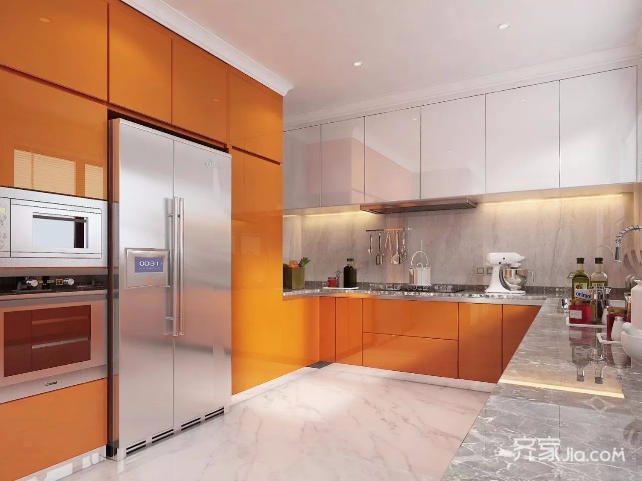 140平米以上装修,20万以上装修,三居室装修,厨房,现代简约风格,橱柜,橙色