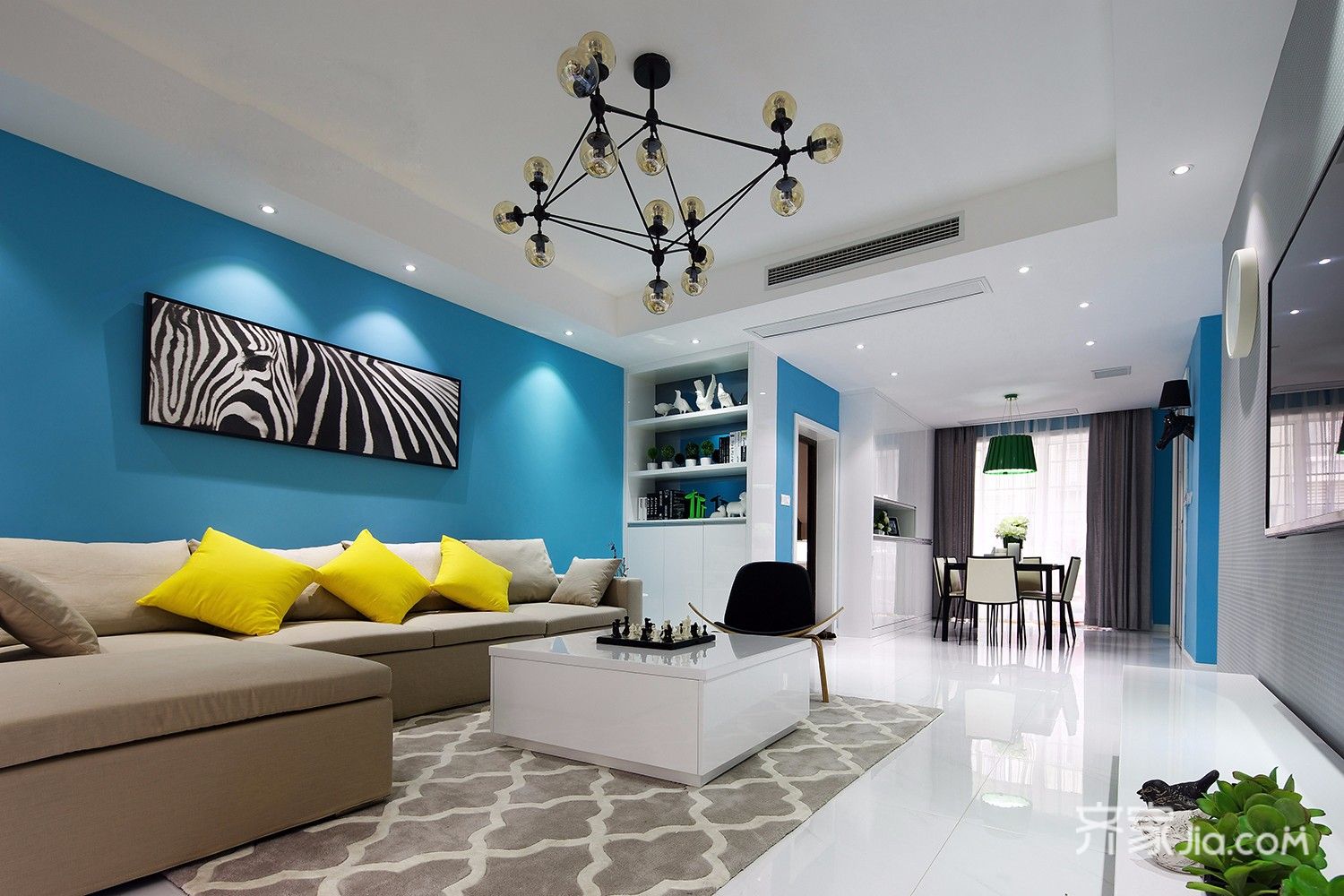 15-20万装修,三居室装修,130平米装修,客厅,现代简约风格,沙发背景墙,蓝色